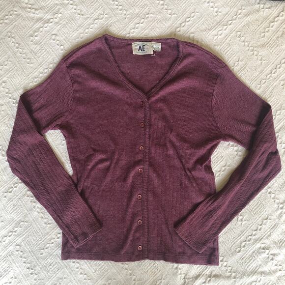 American Eagle Outfitters Sweaters - Y2K American Eagle Outfitters Ribbed Cardigan Button Up Top Women's Large Purple